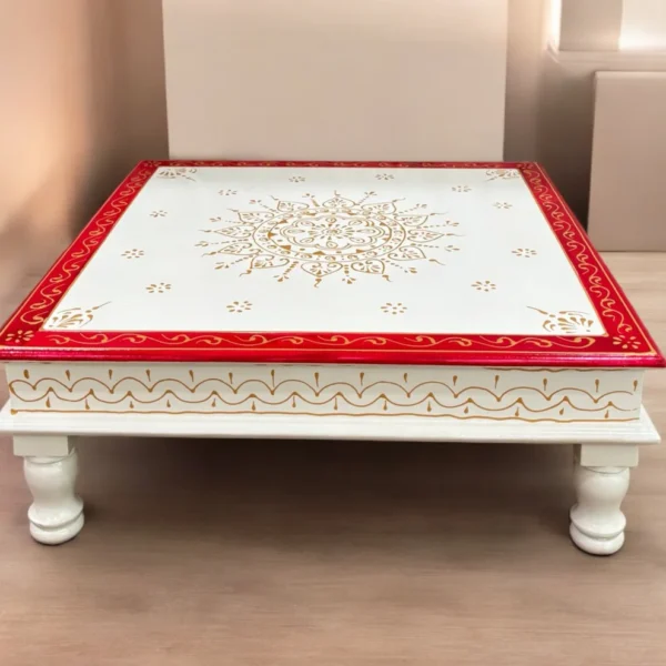 Wooden White Red Bajot Chawki for Pooja and Decor - Image 9