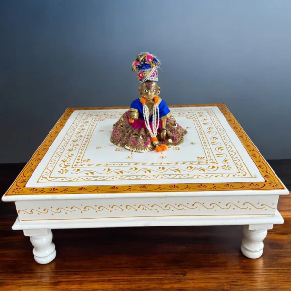 Wooden White Gold Bajot Chawki for Pooja and Decor - Image 2