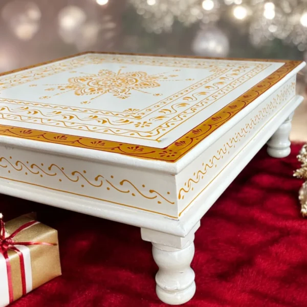 Wooden White Gold Bajot Chawki for Pooja and Decor - Image 3