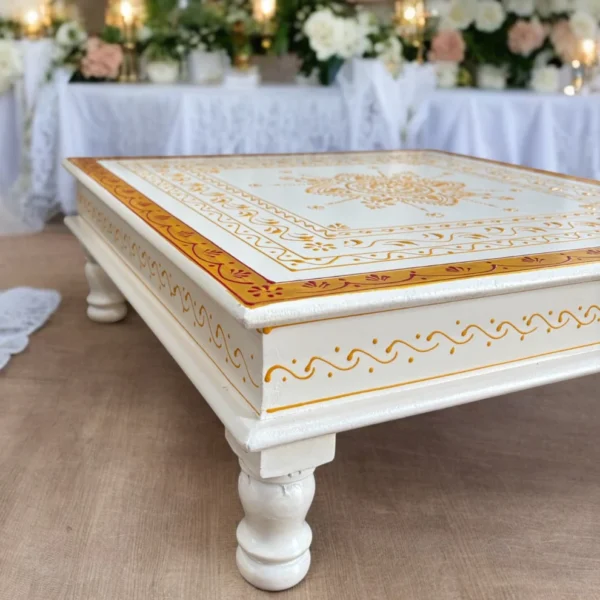 Wooden White Gold Bajot Chawki for Pooja and Decor - Image 8