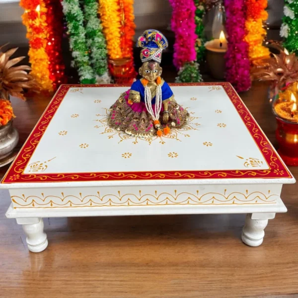 Wooden White Red Bajot Chawki for Pooja and Decor - Image 2