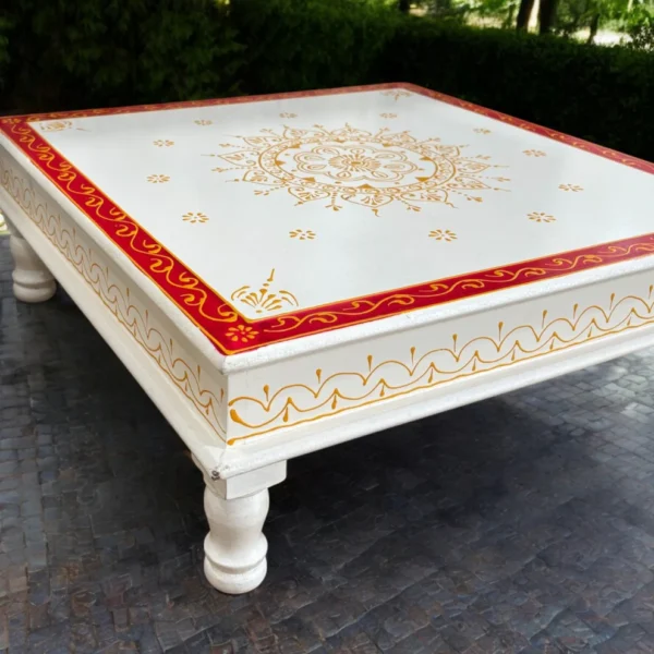 Wooden White Red Bajot Chawki for Pooja and Decor - Image 3