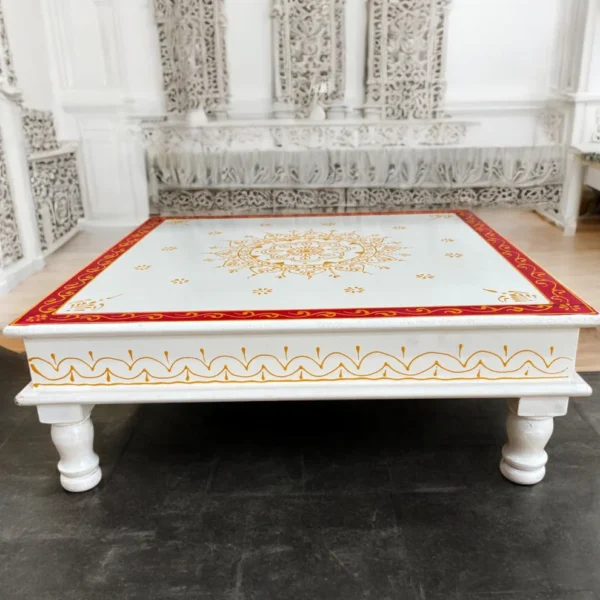 Wooden White Red Bajot Chawki for Pooja and Decor - Image 4