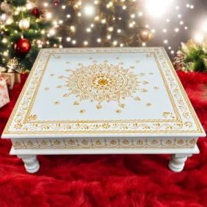 Wooden White Bajot Chawki for Pooja and Decor