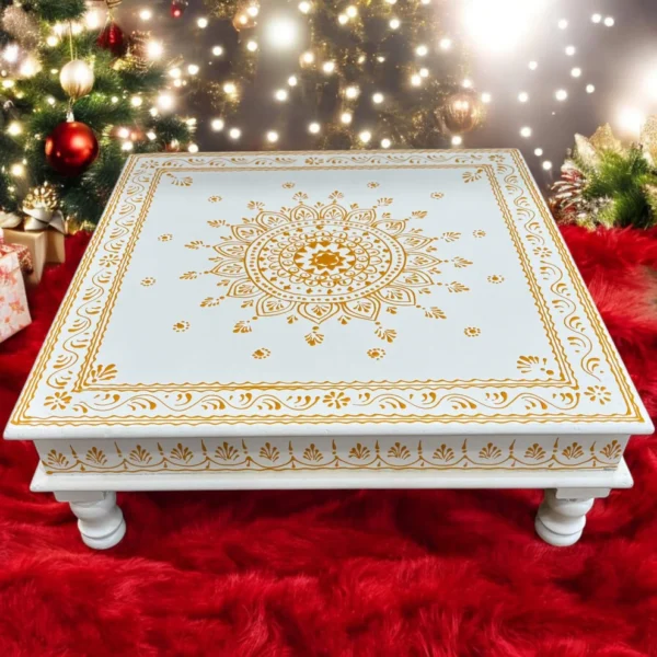 Wooden White Bajot Chawki for Pooja and Decor