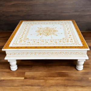 Wooden White Gold Bajot Chawki for Pooja and Decor