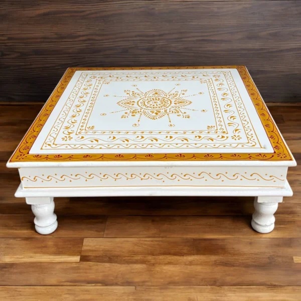Wooden White Gold Bajot Chawki for Pooja and Decor