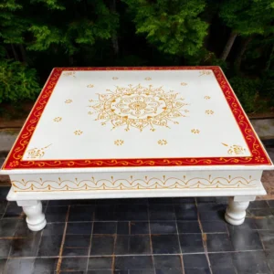 Wooden White Red Bajot Chawki for Pooja and Decor