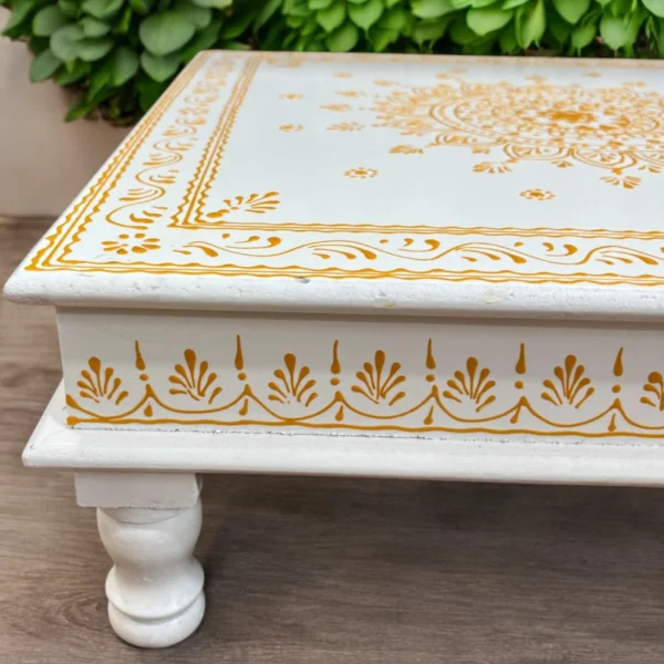 Wooden White Bajot Chawki for Pooja and Decor - Image 2