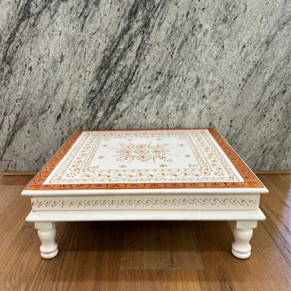 Wooden White Gold Bajot Chawki for Pooja and Decor - Image 4