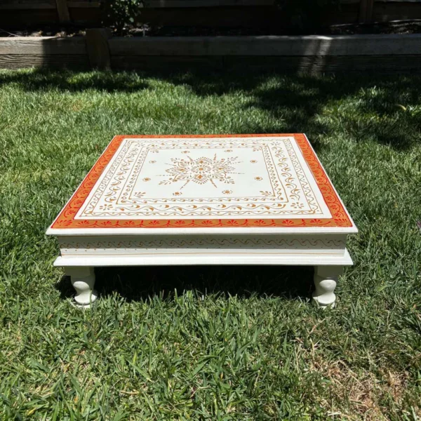 Wooden White Gold Bajot Chawki for Pooja and Decor - Image 7