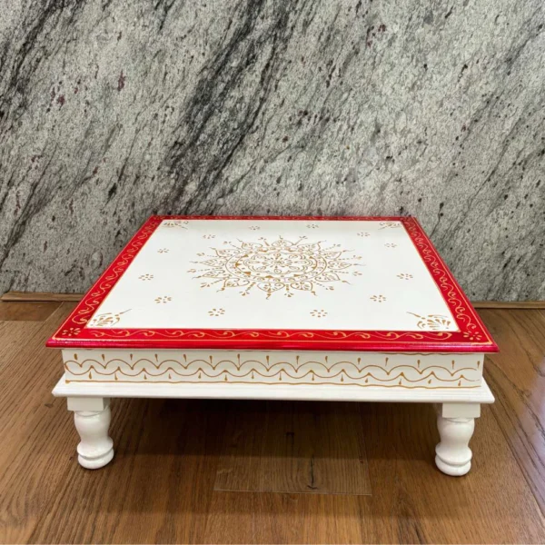 Wooden White Red Bajot Chawki for Pooja and Decor - Image 7
