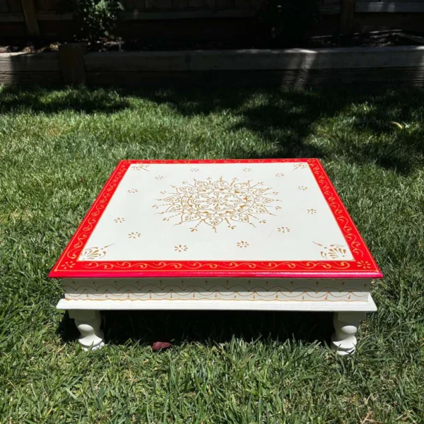 Wooden White Red Bajot Chawki for Pooja and Decor - Image 5