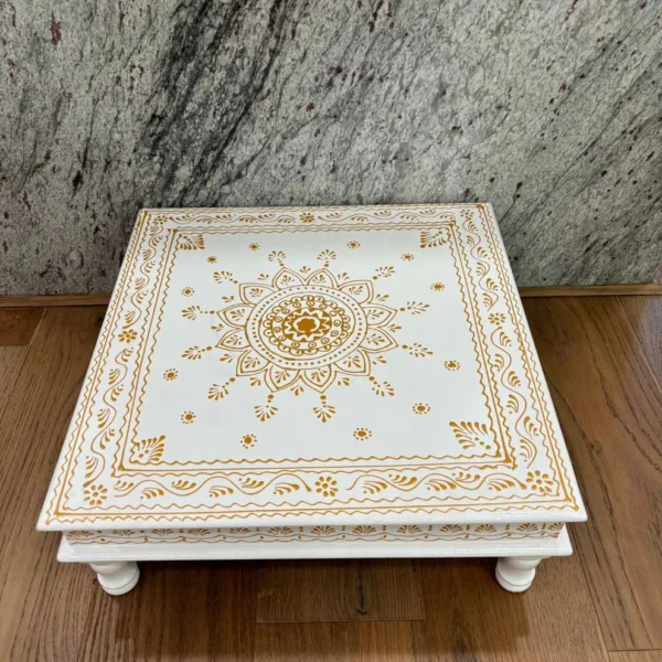Wooden White Bajot Chawki for Pooja and Decor - Image 7