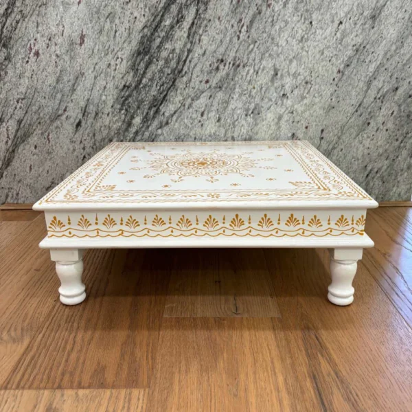 Wooden White Bajot Chawki for Pooja and Decor - Image 3