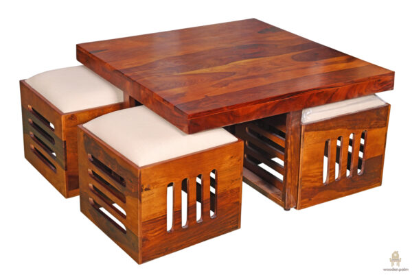 Halfo Sheesham Wood Coffee Table 4 seater (Honey finish) - Image 6