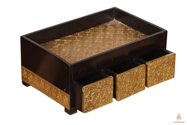Wooden metal brass tray with drawer storage