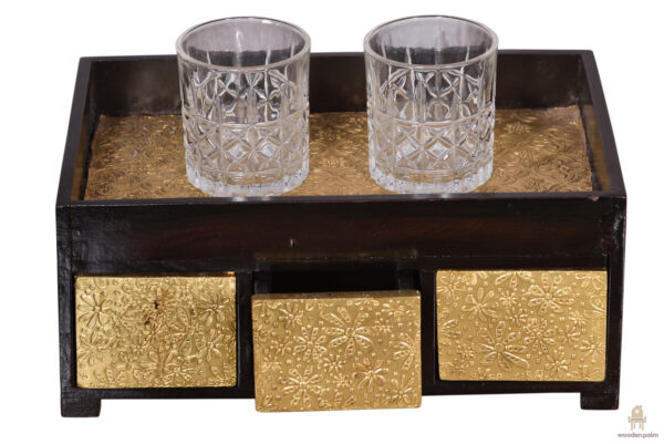 Wooden metal brass tray with drawer storage - Image 4